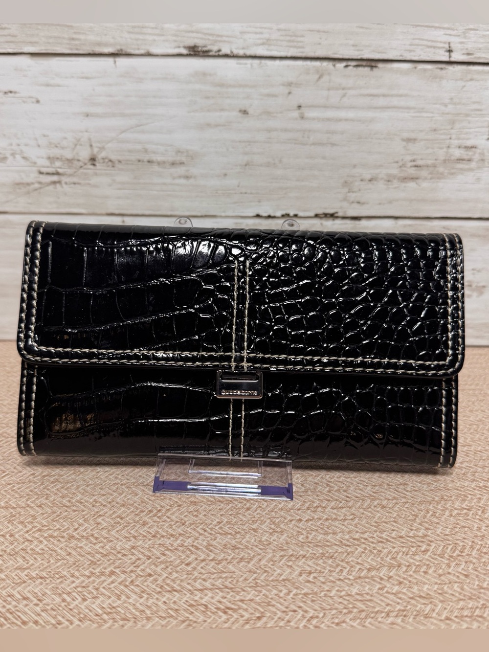 Liz Claiborne Black Croc-Embossed Wallet with Contrast Stitching